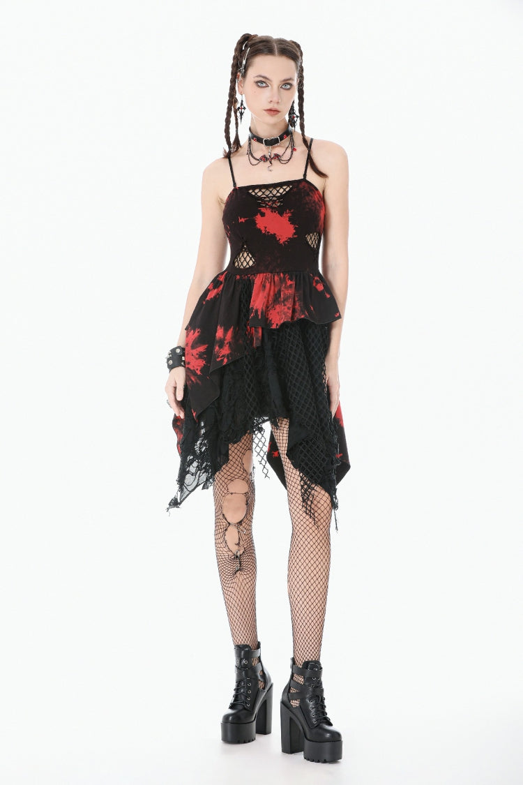 Black/Red Sleeveless Irregular Mesh Tie Dye Women's Punk Slip Dress - Product - 9