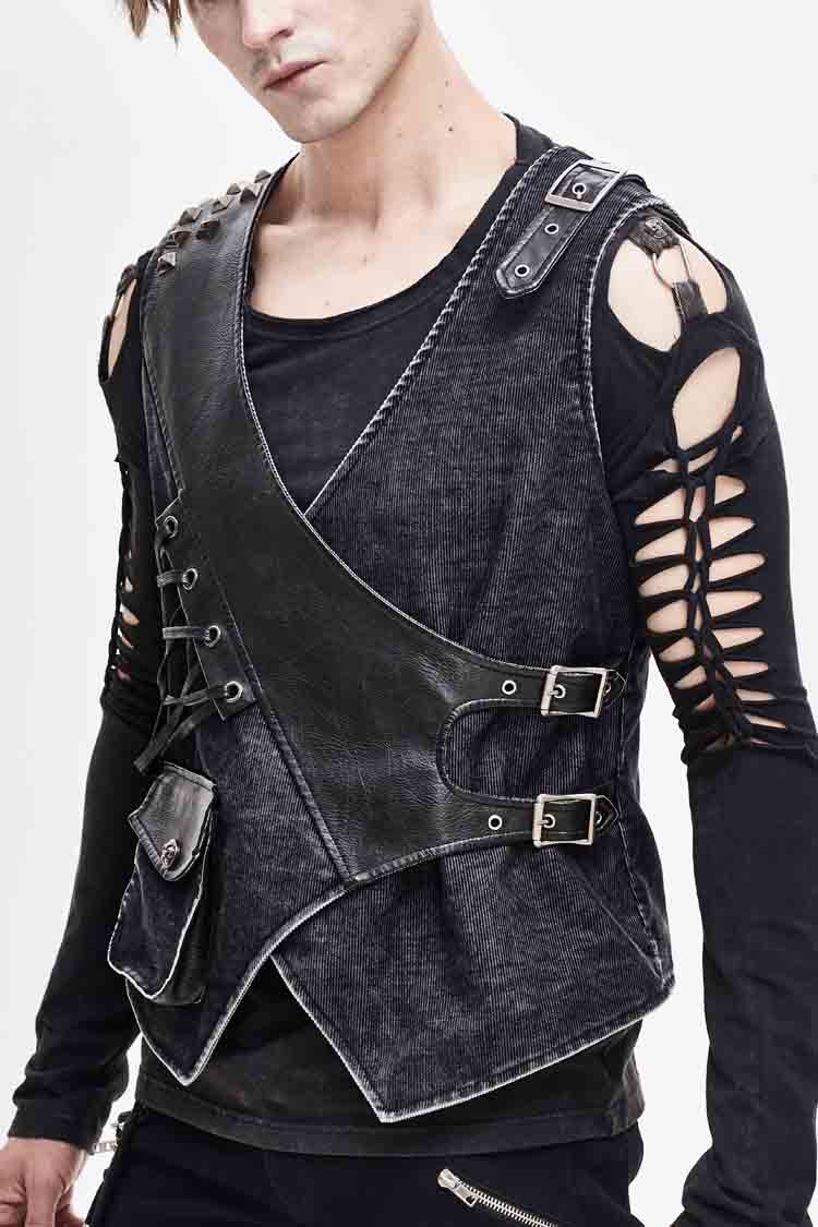 Black V Neck Asymmetric Lace Up Leather Loop Shoulder Rivet Corduroy Men's Punk Waistcoat - Black - 1