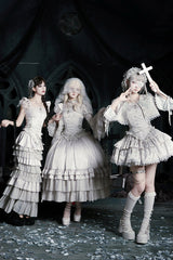 Solid Color [Bionic Doll] Square Collar Multi-Layered Ruffle Bowknot Lace-Up Gothic Lolita Fishtail Skirt Corset Set - Product - 20