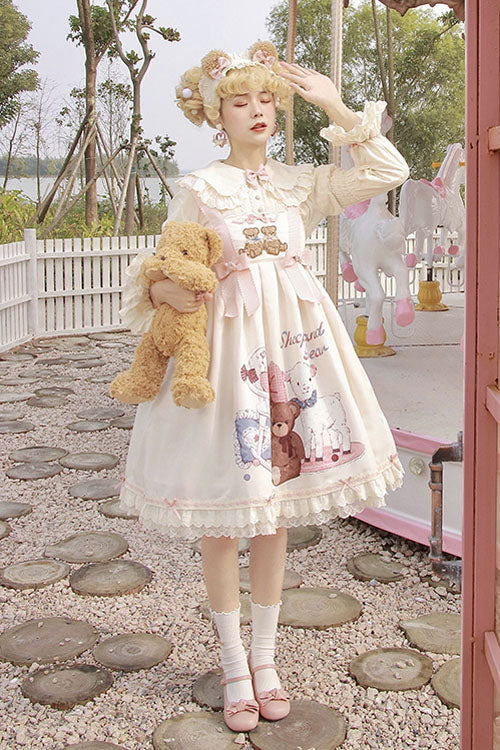 Ivory Sheep & Bear Print Alice Girl Bowknot Ruffled Sweet Lolita JSK Dress - Product - 5