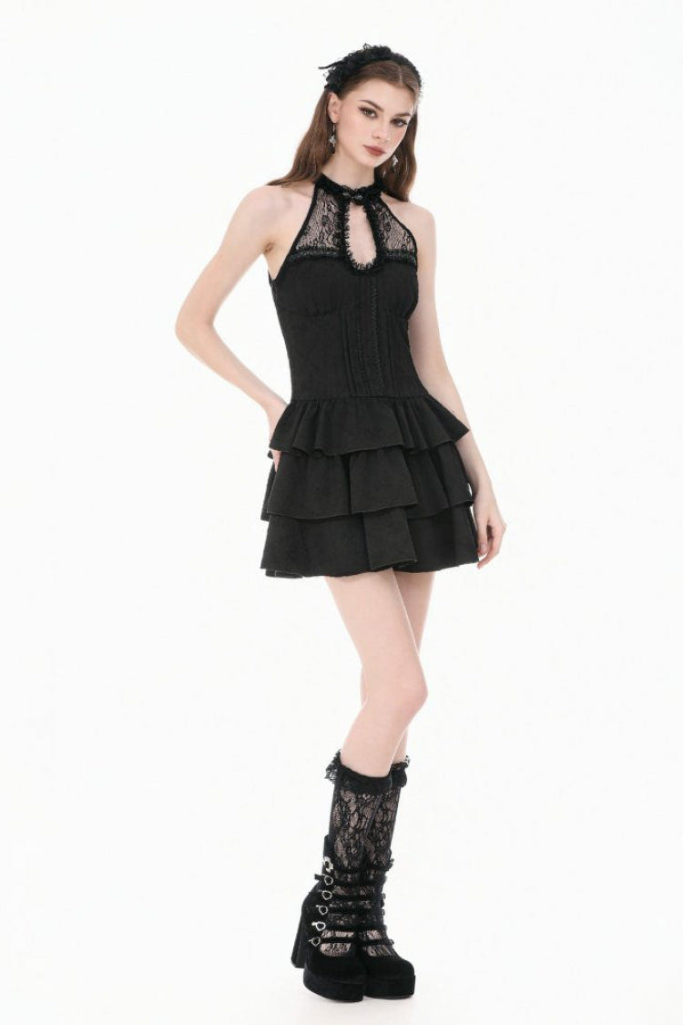 Black Off Shoulder Lace Halterneck Triple-Layered Ruffled Cut-Out Lace-Up Women's Gothic Dress - Product - 12