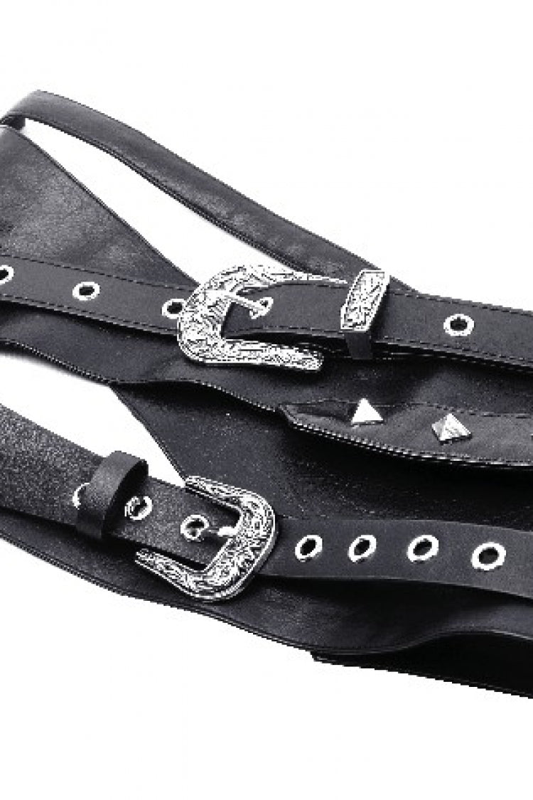 Black Lace-Up Studded Buckled Women's Punk PU Underbust Corset - Product - 12
