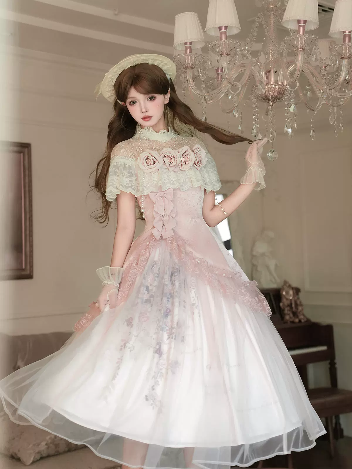 Pink Floral Mesh Lace Ruffled Rose Sweet Princess Vintage (Set) detail view 6