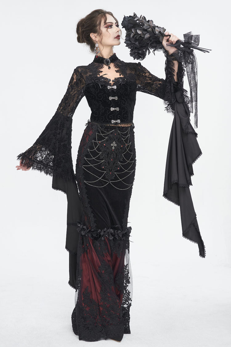 Black Long Trumpet Sleeves Stitching Lace Women's Gothic Blouse - Product - 2