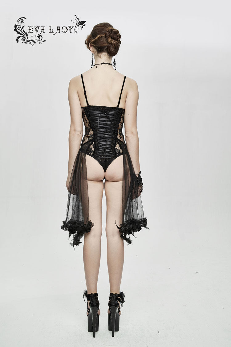 Black Translucent Rose Lace Mesh Hem Sling Women's Gothic Jumpsuit - Product - 4
