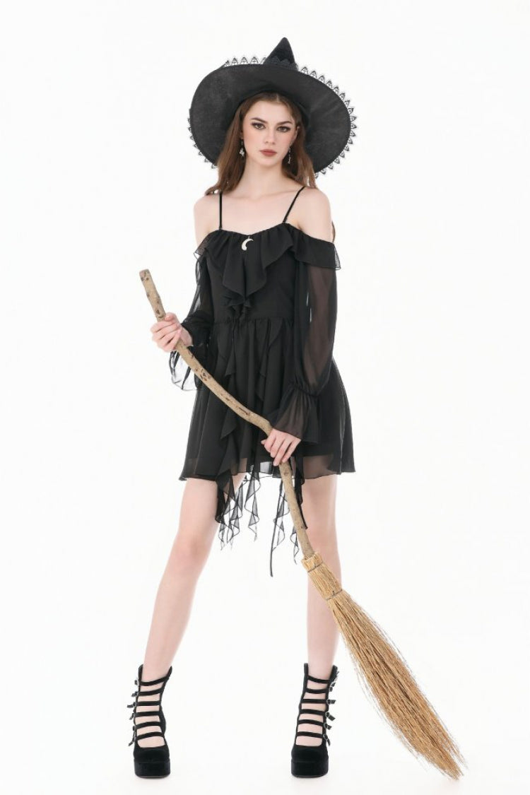 Black Moon Charm Off Shoulder Long Puff Bishop Sleeves Layered Ruffled Hem Women's Gothic Slip Dress - Product - 11
