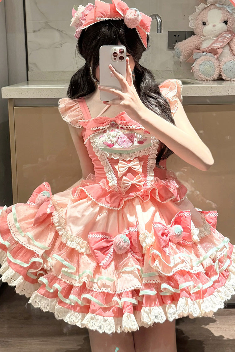 Pink Multi-Layered [Cream Strawberries] Print Ruffle Bowknot Sweet Lolita Tiered Dress - Product - 3