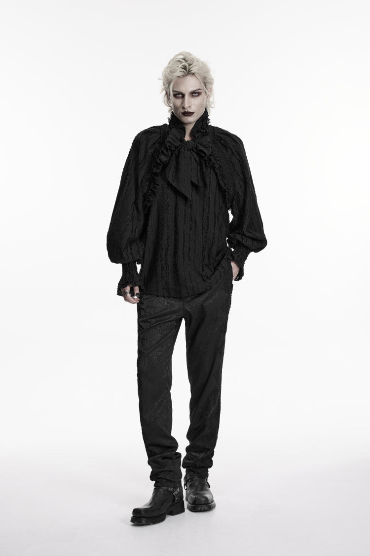 Black Stand Collar Long Lantern Sleeves Bow Lace Pleated Men's Gothic Shirt - Black - 4