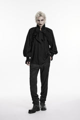 Black Stand Collar Long Lantern Sleeves Bow Lace Pleated Men's Gothic Shirt - Black - 4