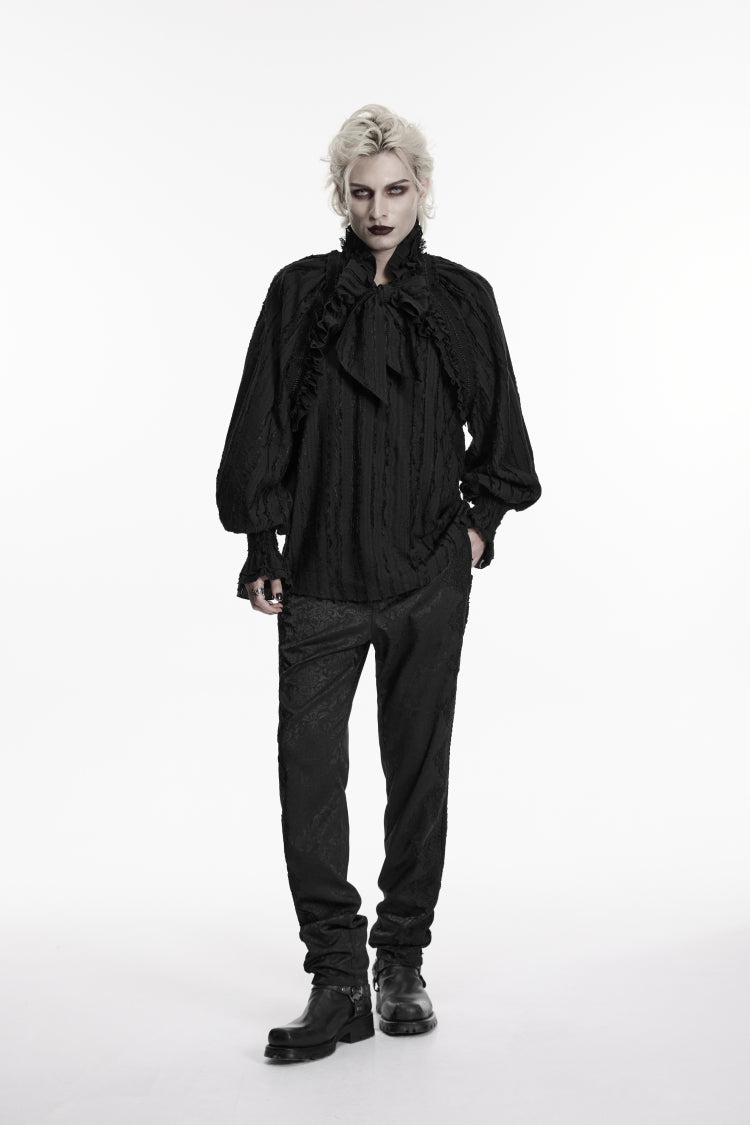 Black Stand Collar Long Lantern Sleeves Bow Lace Pleated Men's Gothic Shirt - Black - 4