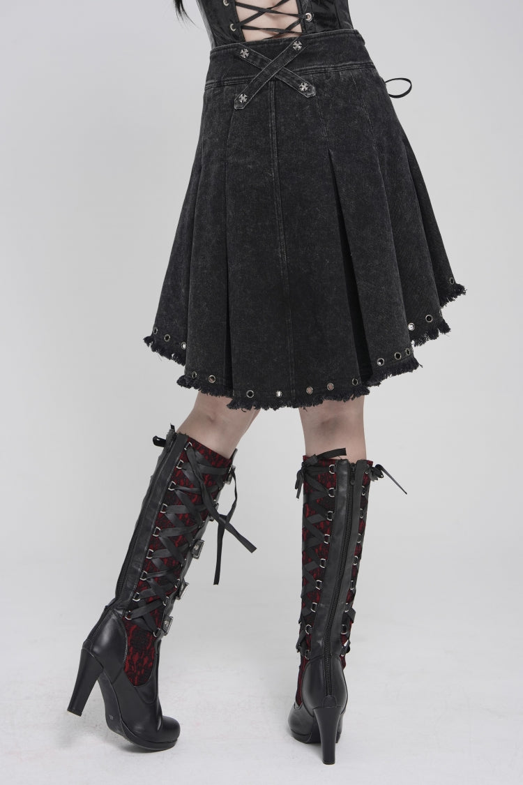 Black Lace-Up Pleated Eyelet Women's Punk Skirt - Product - 6