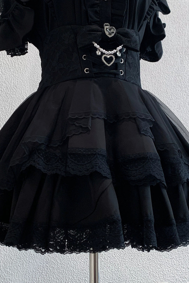 Black [Dreamy Love Ballad] Lapel Collar Short Sleeves Double-Layered Ruffled Cut-Out Bow Gothic Japanese Jirai Kei Skirt Set - Black-Skirt(Only) - 5
