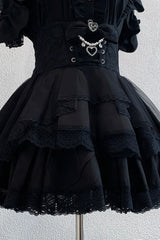 Black [Dreamy Love Ballad] Lapel Collar Short Sleeves Double-Layered Ruffled Cut-Out Bow Gothic Japanese Jirai Kei Skirt Set - Black-Skirt(Only) - 5
