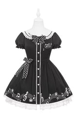 Black [Melody Kitty] Doll Collar Short Sleeves Ruffled Embroidered Bow Lace Sweet Lolita Dress - Product - 3