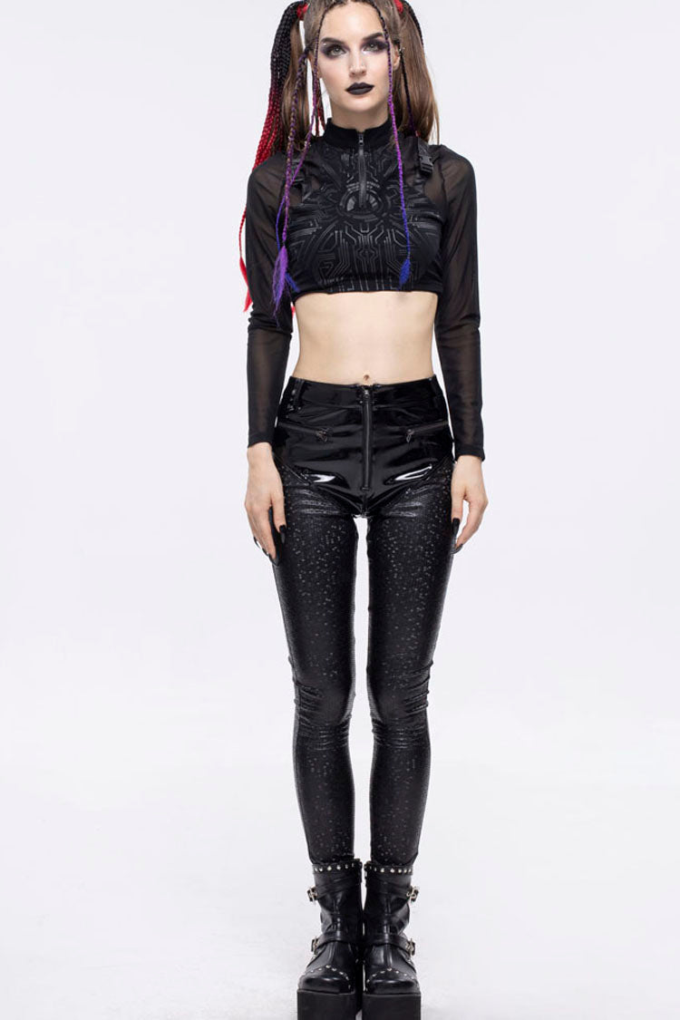 Black Gothic Hexagon Pattern Irregular Star Reflection Shiny Elasticity Leather Women's Leggings - Product - 6