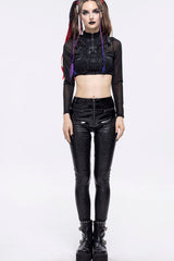 Black Gothic Hexagon Pattern Irregular Star Reflection Shiny Elasticity Leather Women's Leggings - Product - 6