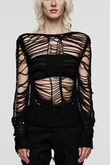 Black Long Sleeves Hollow Sheer Ripped Women's Steampunk Knitted Sweater - Black - 1
