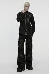 Black Stand Collar Long Sleeves Rivet Buckle Straps Eyelet Men's Punk Blouse - Product - 4