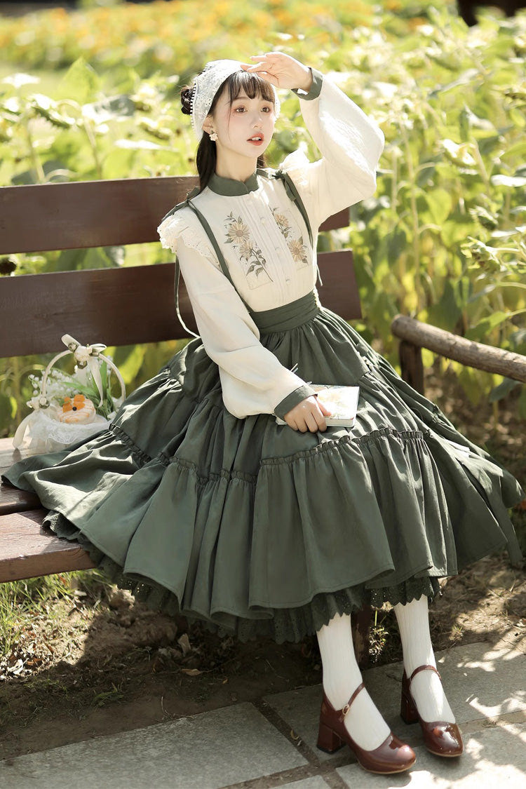 White/Green Country Style Midsummer Sunflower Sweet Lolita Skirt Two-Piece Set - Product - 7