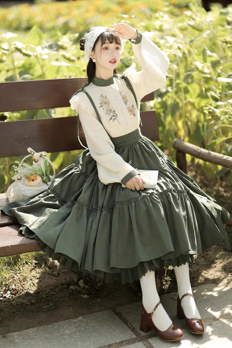 White/Green Country Style Midsummer Sunflower Sweet Lolita Skirt Two-Piece Set - Product - 7
