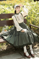 White/Green Country Style Midsummer Sunflower Sweet Lolita Skirt Two-Piece Set - Product - 7