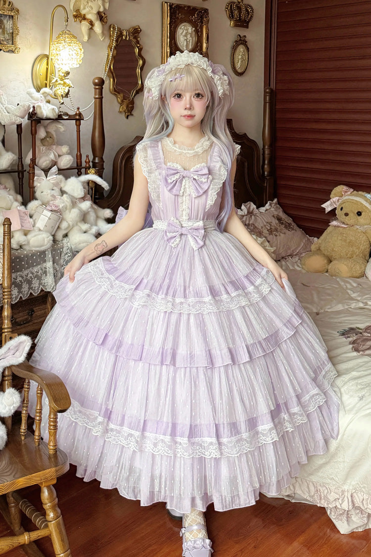 Purple [Aegean] Square Collar Flutter Sleeves Multi-Layered Ruffled Bow Sweet Lolita Jsk Dress Set - Purple(Set) - 1