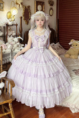 Purple [Aegean] Square Collar Flutter Sleeves Multi-Layered Ruffled Bow Sweet Lolita Jsk Dress Set - Purple(Set) - 1