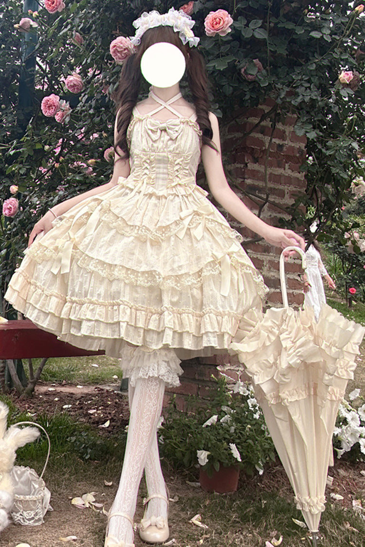 Apricot [Miss Pearl] Sleeveless Double-Layered Bowknot Lace Lace-Up Sweet Lolita Jsk Dress - Apricot - 1