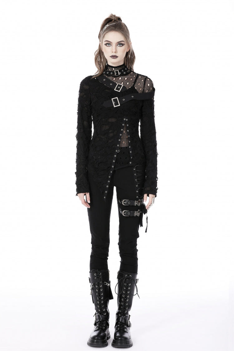 Black Women's Punk Long Sleeves Buckled Asymmetric Ripped Sheer Mesh Splice Top - Product - 5