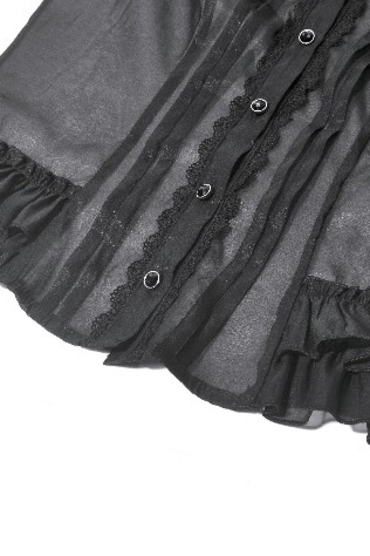 Black Deep V Collar Short Puff Sleeves Multi-Layered Ruffled Lace Sheer Women's Gothic Blouse - Product - 16
