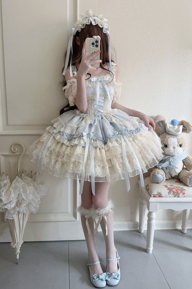 Blue [Ribbon Heart Love] Sleeveless Multi-Layered Ruffle Bowknot Lace Lace-Up Sweet Princess Ballet Lolita Jsk Dress - Product - 7