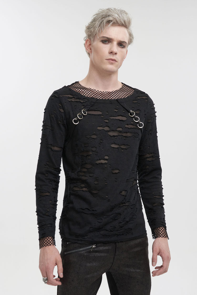 Black Diamond Mesh Irregular Hole Long-Sleeved Men's Punk T-Shirt - Product - 2