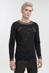 Black Diamond Mesh Irregular Hole Long-Sleeved Men's Punk T-Shirt - Product - 2