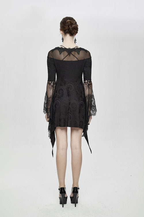 Black Horn Sleeves Off Shoulder Stretchy Knitted Sexy Lace Gothic Womens Dress - Product - 5