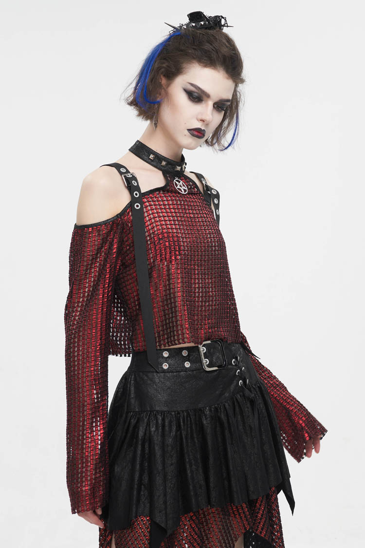 Red Off Shoulder Buckle Sheer Crop Women's Gothic Shirt - Product - 3