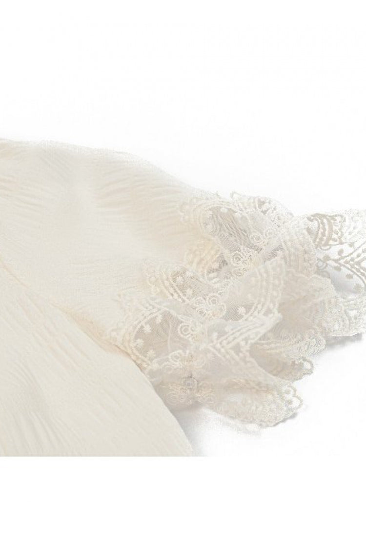 Beige Stand Collar Short Puff Sleeves Lace Sheer Lace-Up Women's Gothic Blouse with Detachable Bowknot - Product - 15