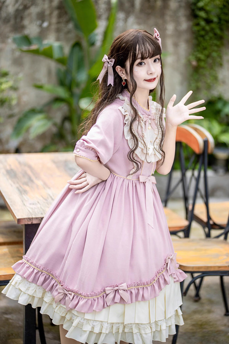 Pink Long Sleeves Ruffle Bowknot Daily Sweet Princess Lolita Dress - Product - 11