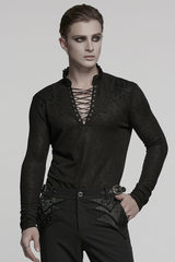 Black V Collar Long Sleeves Jacquard Embroidery Men's Gothic Blouse - Black - 1