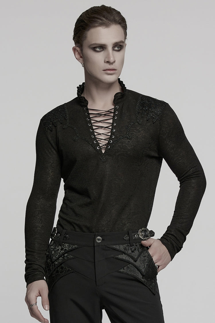 Black V Collar Long Sleeves Jacquard Embroidery Men's Gothic Blouse - Black - 1