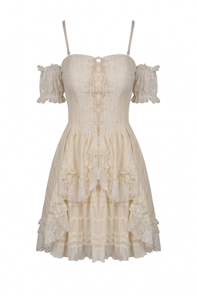Apricot Short Sleeves Multi-Layered Ruffled Lace Women's Steampunk Slip Graduation Dress - Product - 3