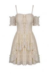 Apricot Short Sleeves Multi-Layered Ruffled Lace Women's Steampunk Slip Graduation Dress - Product - 3