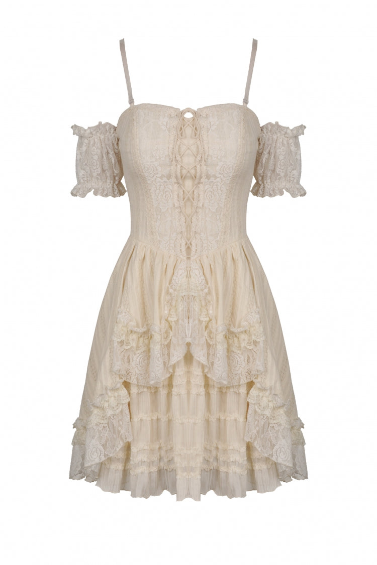 Apricot Short Sleeves Multi-Layered Ruffled Lace Women's Steampunk Slip Graduation Dress - Product - 3