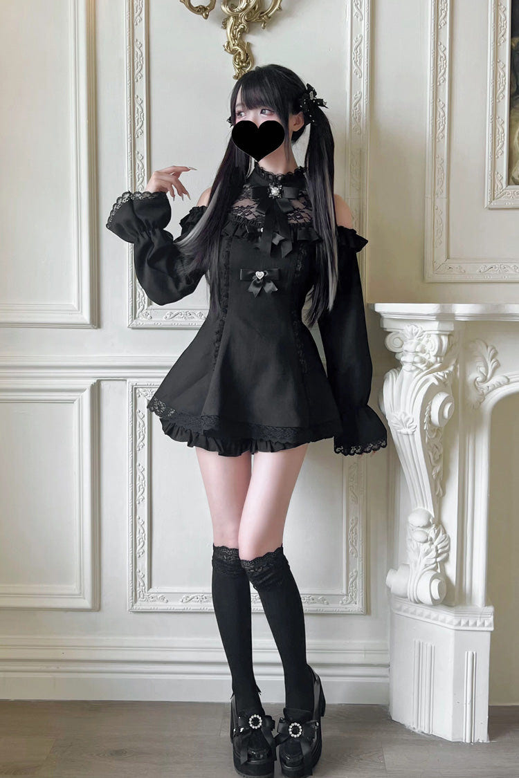 Sweet Off Shoulder Halterneck Long Sleeves Ruffle Bowknot Lace Jirai Kei Dress Shorts Set 4 Colors - Product - 5