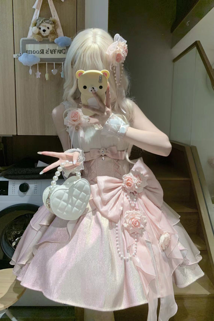 Pink [Rose Heart Knot] Ruffle Hanayome Bowknot Sweet Princess Gorgeous Lolita Jsk Dress - Product - 5