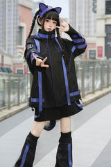 Blue/Black Long Sleeves Print Cat Ears Hooded Jirai Kei Handsome Coat - Product - 7