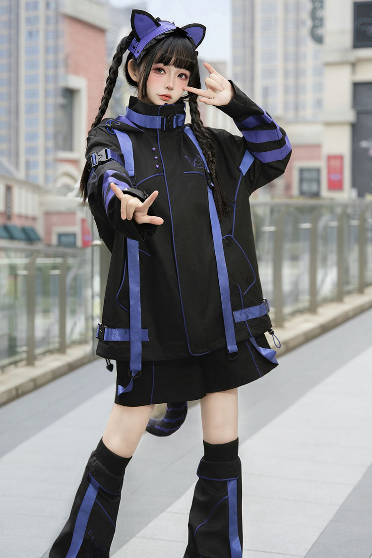 Blue/Black Long Sleeves Print Cat Ears Hooded Jirai Kei Handsome Coat - Product - 7