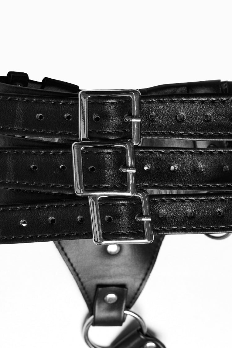 Black Buckle Ring Faux Leather Women's Steampunk Adjustable Choker Harness - Product - 5