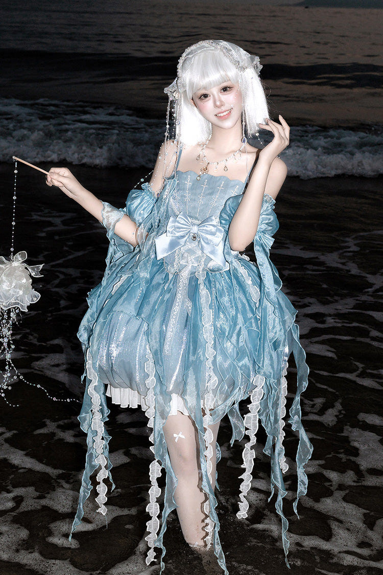Blue [Dreamy Jellyfish] Square Collar Sleeveless Printed Ruffled Lace Sweet Lolita Jsk Dress Set - Product - 4