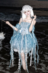Blue [Dreamy Jellyfish] Square Collar Sleeveless Printed Ruffled Lace Sweet Lolita Jsk Dress Set - Product - 4