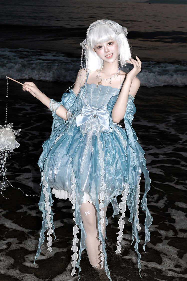 Blue [Dreamy Jellyfish] Square Collar Sleeveless Printed Ruffled Lace Sweet Lolita Jsk Dress Set - Product - 4